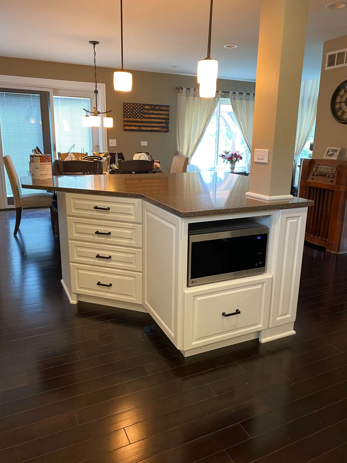 Kitchen island and cabinets refinished in white