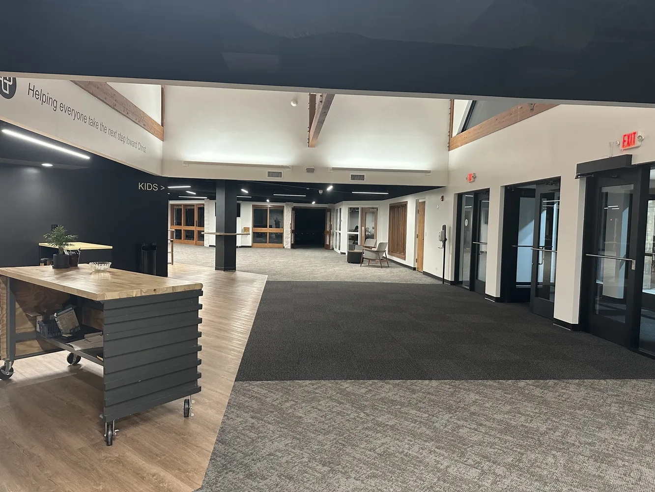Repainted commercial corridor with dark trim