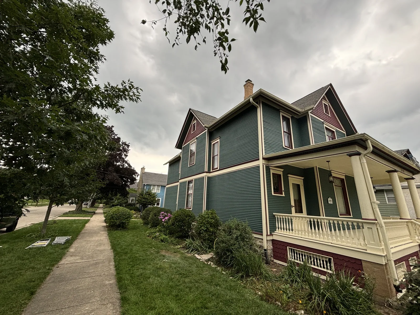 Side elevation of a repainted Victorian home