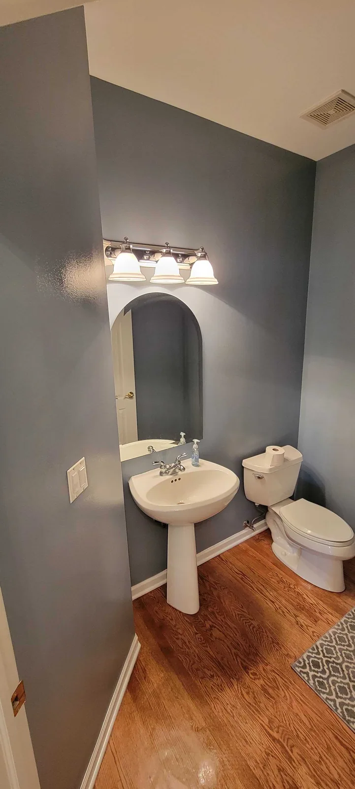 Powder room painted charcoal with white trim